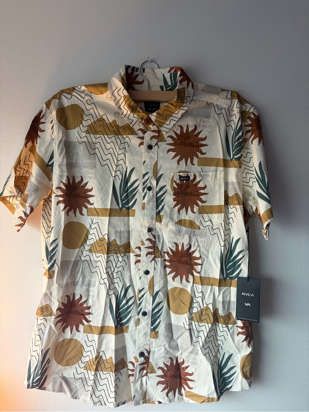 RVCA Cream Short-Sleeve Button-Up Shirt with Rust, Mustard & Teal Print
